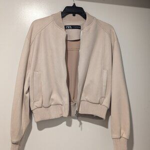 Tan Beige Suede Bomber Jacket Zara